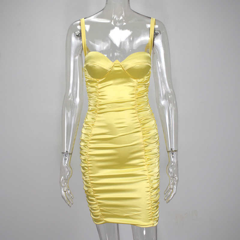 Colysmo Women Sexy Dress Summer Chest Curve Cut Side Ruched Bodycon Party Plus Size Glossy Satin White Lemon 210527