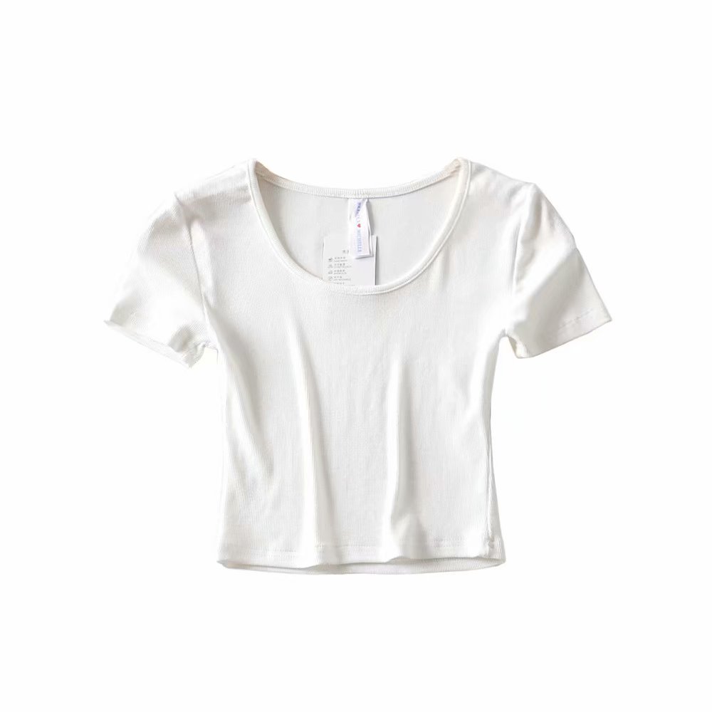 Sexy Round Neck Solid Color Ribbed Stretch Short Sleeve Women's T-Shirt Short High Waist Umbilical Tight Chic Female Top 210507