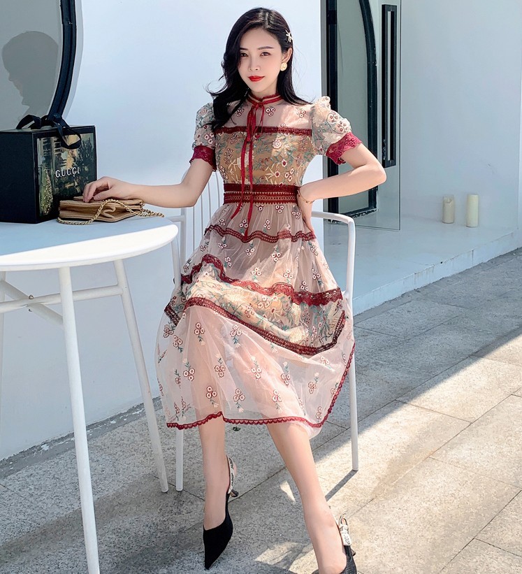 Summer Flower Embroidery Mesh Dress Women Short Sleeve O-Neck Bow Vintage Female High Waist Slim Party Robe Vestidos 210519