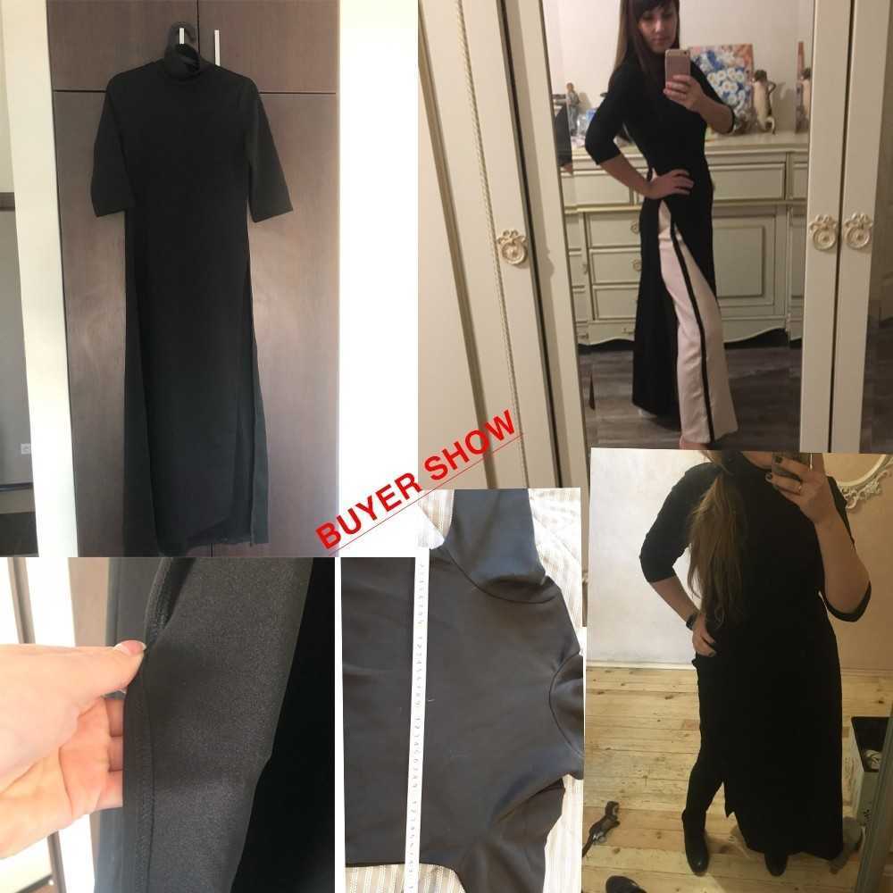 SHENGPALAE Spring Fashion Black Turtleneck Three Quarter Sleeve Split Hem Woman Floor-length Dress Female SC312 210630