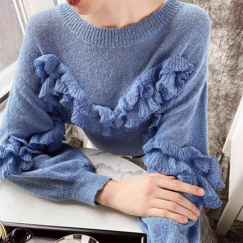 Dabuwawa Autumn Women Knitted Sweater Elegant O-Neck Lantern Sleeve Female Sweater Pullover Ruffle Fashion Ladies DT1DKT027 210520