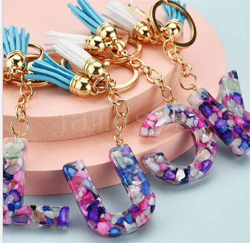 26 English Alphabet Keychain Beautiful Fashionable Transparent Acrylic Crystal Tassel Pendant Bag Christmas Gift DB576
