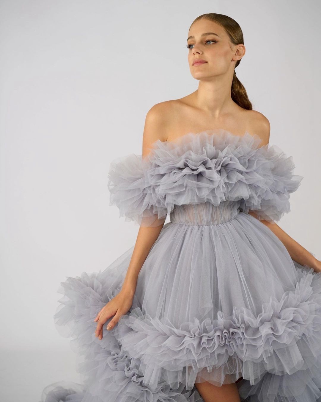 Gorgeous Gray Tulle Dress Prom Gowns Off the Shoulder High Low Ruffles Layered Formal Party Dresses Photo Shoot Birthday Dress