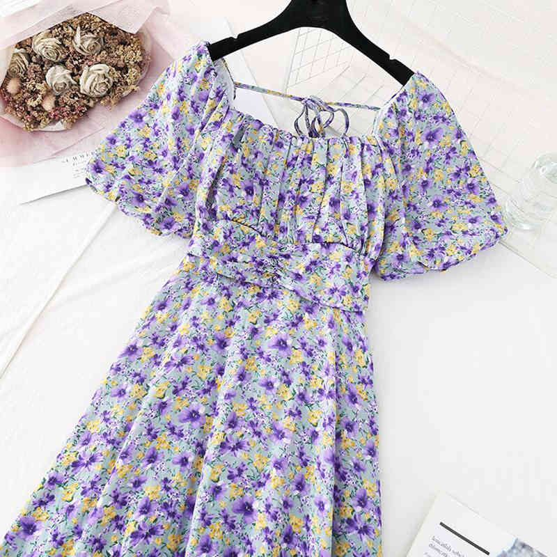 Purple Print Floral Dress Women Puff Sleeves Square Neck Party Chiffon Midi Dress Summer Casual Beach Bandage Dresses 210521