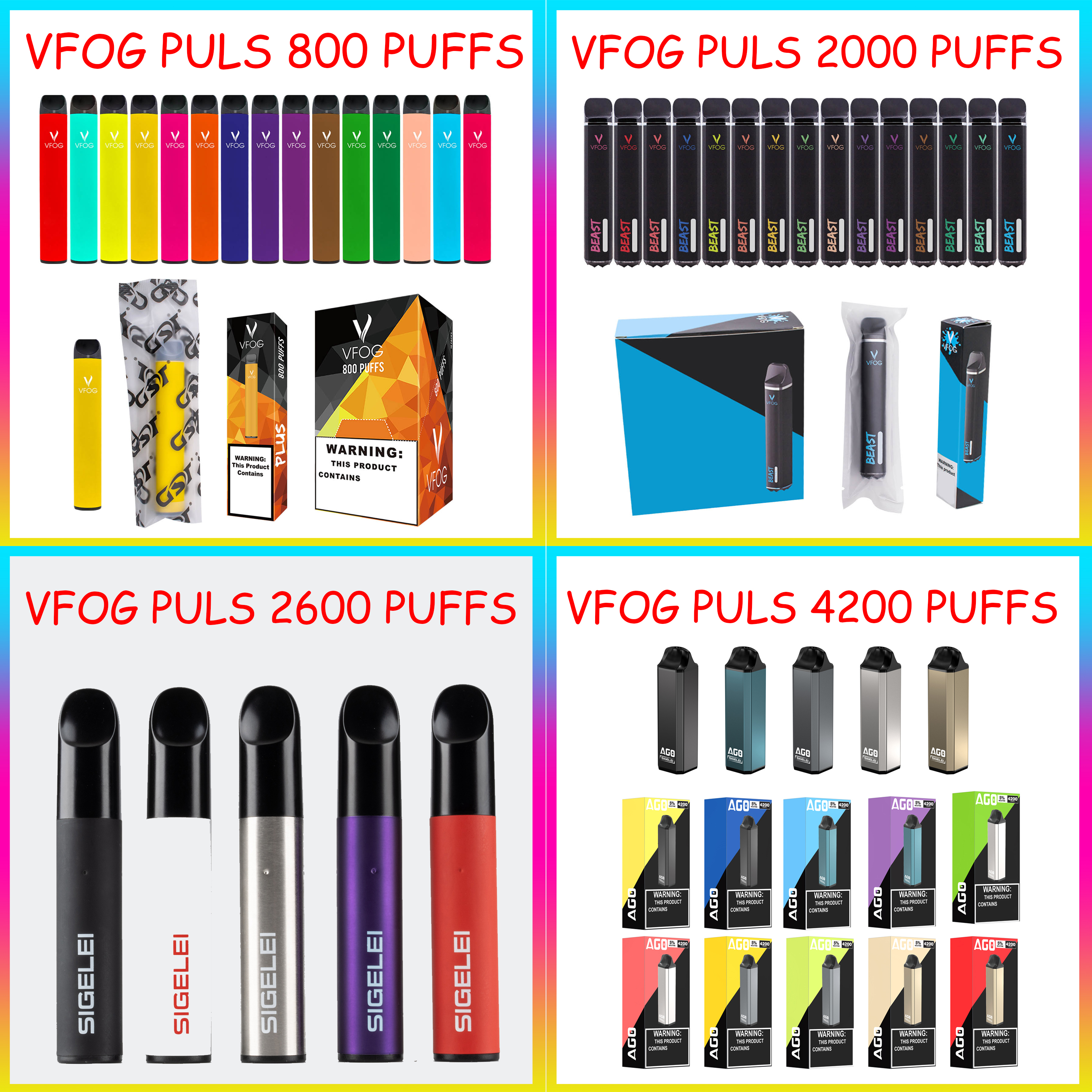 Original VFOG AGO Disposable Vape Pen E Cigarettes 800 2000 2600 4200 puffs capacity 1.8 6.8 ML Battery 500 1000mAh atomizer Puff Bars A variety of styles to choose
Original VFOG AGO Disposable Vape Pen E Cigarettes 800 2000 2600 4200 puffs capacity 1.8 6.8 ML Battery 500 1000mAh atomizer Puff Bars A variety of styles to choose