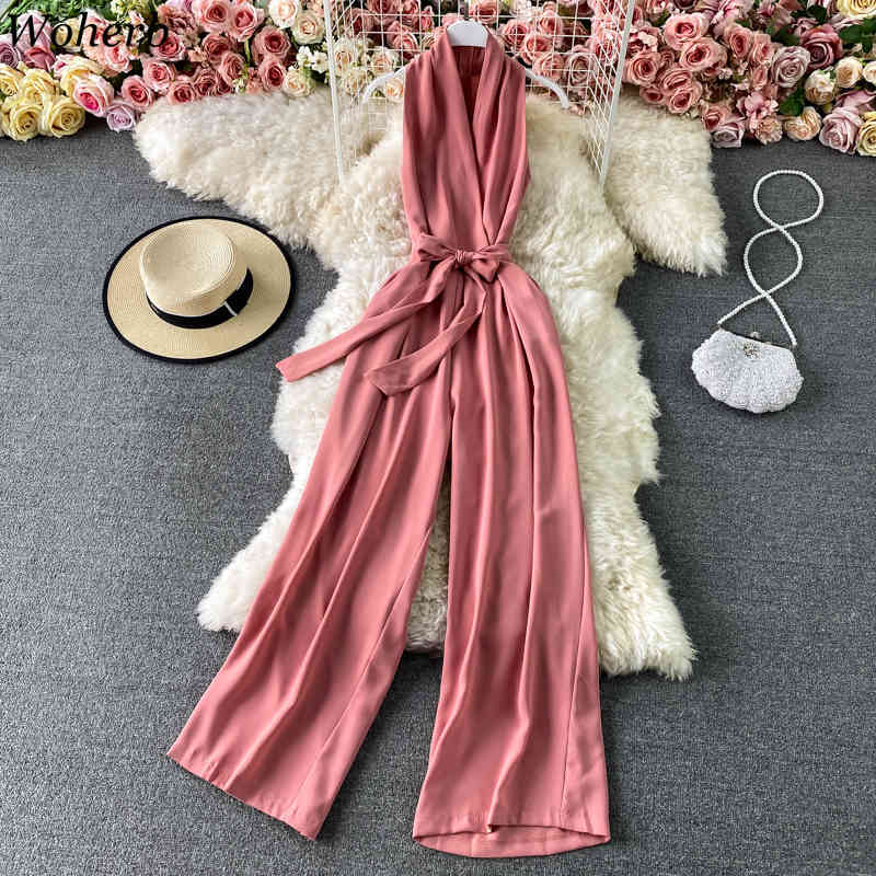 Elegant Jumpsuit Women OL Temperament Rompers Summer Halter V-neck Lace Up Bodysuit Slim Wide Leg Pants Playsuit 210519