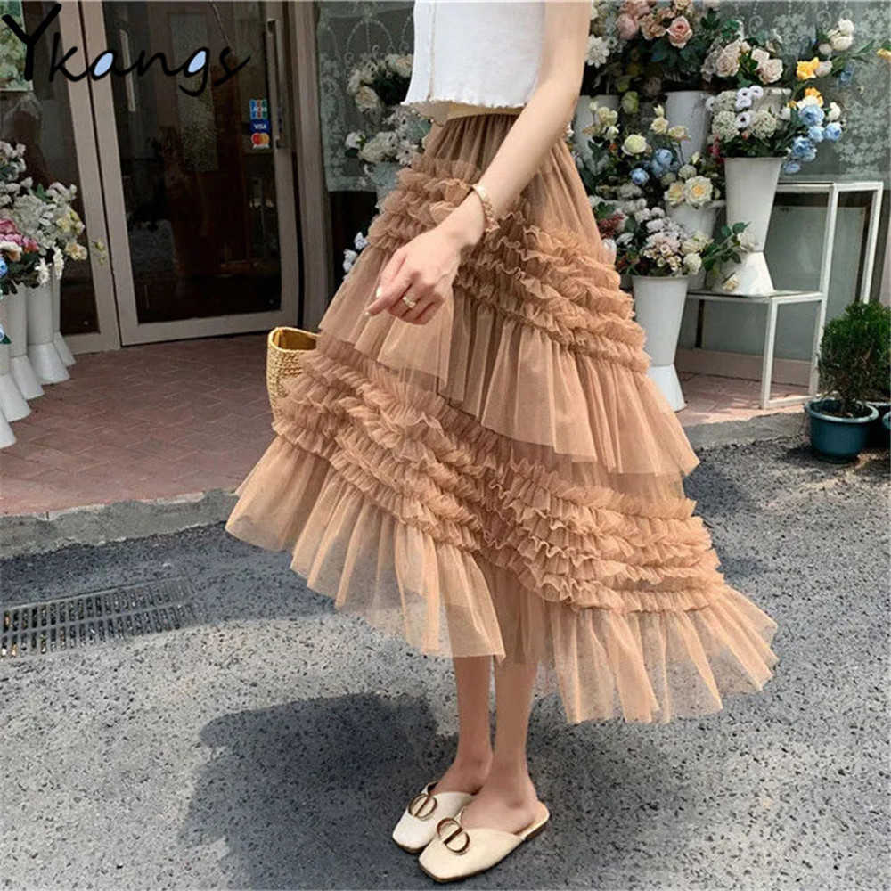 French Elegant Ruffled Irregular Cake Stitching Pleated Skirts Women Vintage Mesh High Waist Layered Tulle Skirts Streetwear 210619