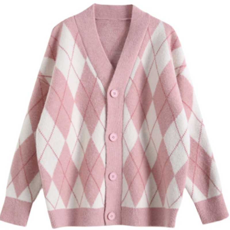 Korean Oversize Cardigan Tops Women Knitted Sweater Argyle Cardigan Loose Single Breasted Students V-neck Lovely Knitwear 17068 211014