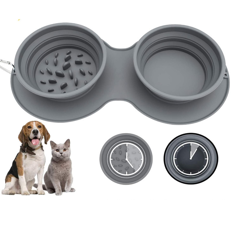 Pet Slow Feeder Bowls Double Collapsible Foldable Dual Bowls Portable Dog Licking Plate Pet Meal Plate Anti Choking Food Feeding