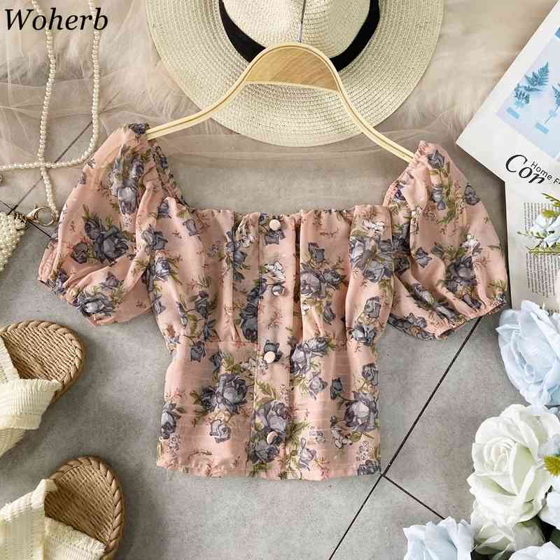 Chiffon Sweet Floral Print Shirt Puff Sleeve Short Temperament Slim Blouse Women Square Collar Bow Buttons Blouses25781 210519