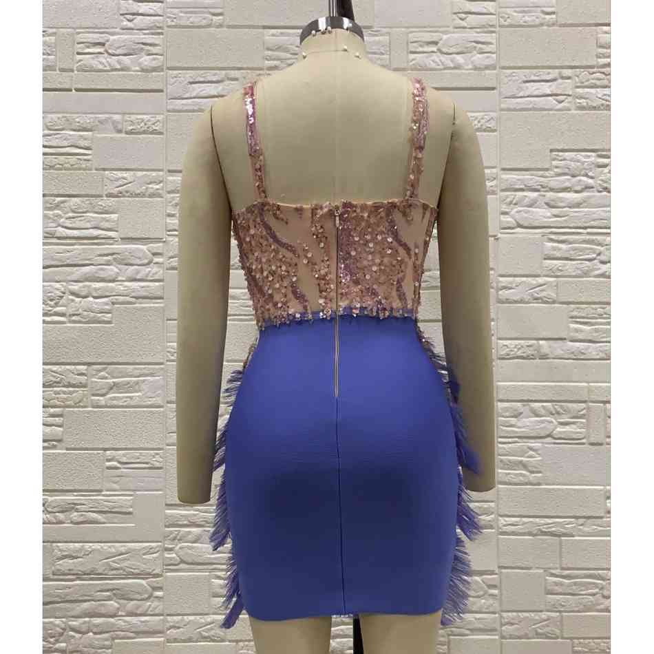 Summer High Quality Purple Mini Sequined Feather V-Neck Fashion Tight Dress Nightclub Party 210525