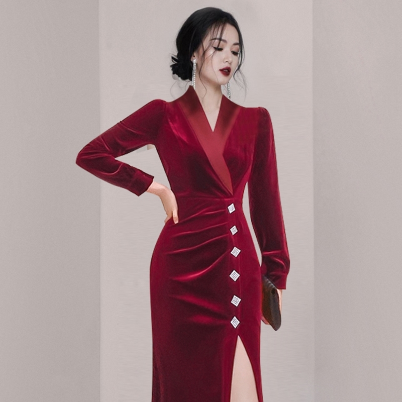 Autumn Red Velvet Party Dress Women Sexy Split V-Neck Long Sleeve High Waist Vestidos Female Fashion Clothes 210520