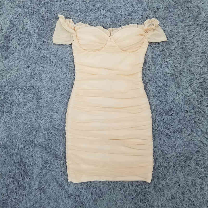 Fall High Quality Nude Muddy Neck Mesh Bodycon Rayon Bandage Mini Dress Elegant Strapless Sexy Party 210525