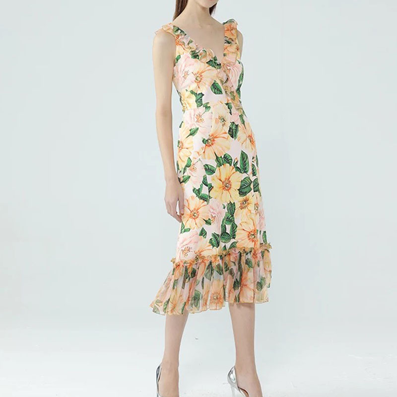 summer dress for women boho rose flower printed yellow floral sleeveless ruchend mermaid midi dresses chic england style 210421