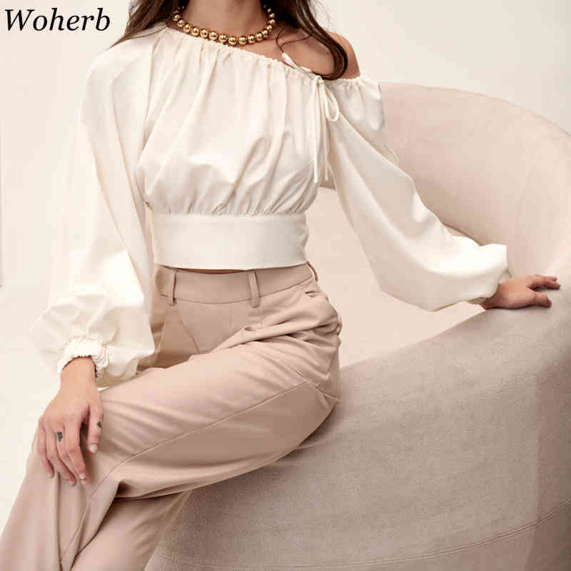 Elegant Off Shoulder White Blouse Solid Pleated Crop Top Stylish Korean Lady Vintage Lantern Sleeve All Match Blusas 210519