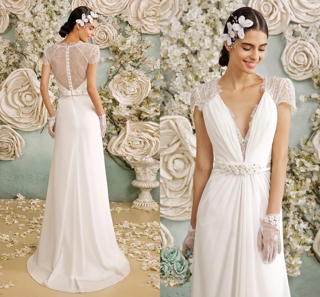 Wedding Dress 2022 Bridal Gown V Neck Sweep Train Chiffon Sheer Lace Short Sleeve Beads Casual Vintage See-Through Plus Size Vestido De Noiva Robe Mar