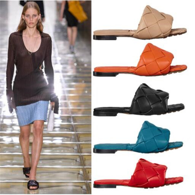 New Fashion Women's Sandals New Low-Heeled Square-Toe Slides Large Size 34-43 Open-Toe Leather Weave Slippers Summer Womens Shoes