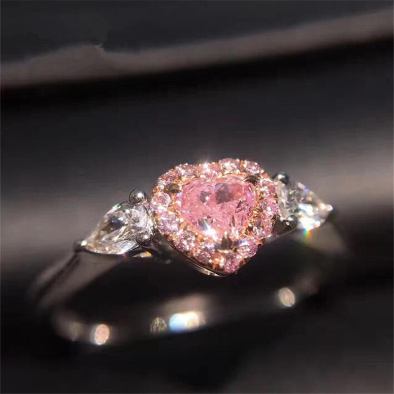 Sweet Cute Wedding Rings Simple Fashion Jewelry Real Sterling Sier Heart Shape Pink Sapphire CZ Dia Gemstones Eternity Women Engagement Band Ring Gift