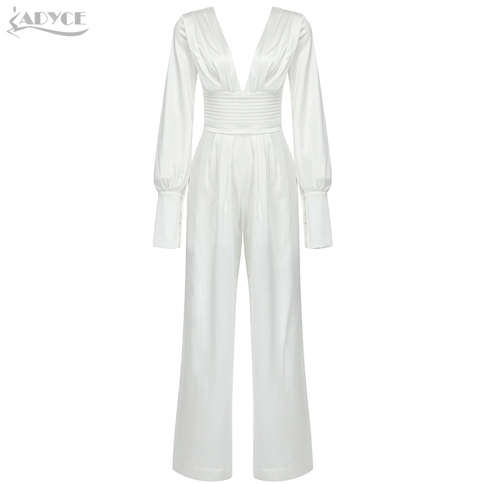 Summer Women's Fashion White V Neck Club Jumpsuits Sexy Full Sleeve & Long Pants Evening Casual Ladies 210423