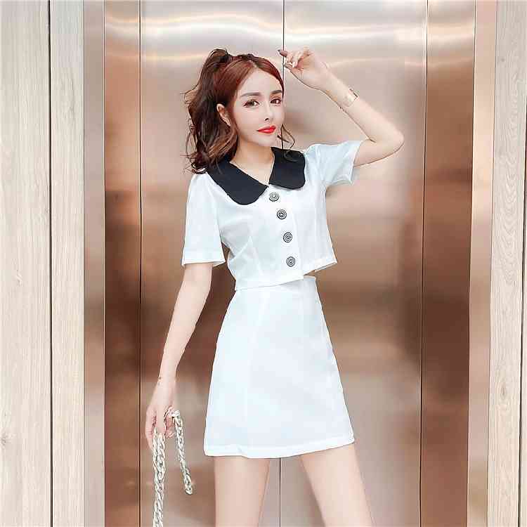 Summer Women Two Piece Set Fashion Hit Color Peter Pan Collar Short Sleeve Shirt Top + High Waist Mini Skirts Outfits 210519