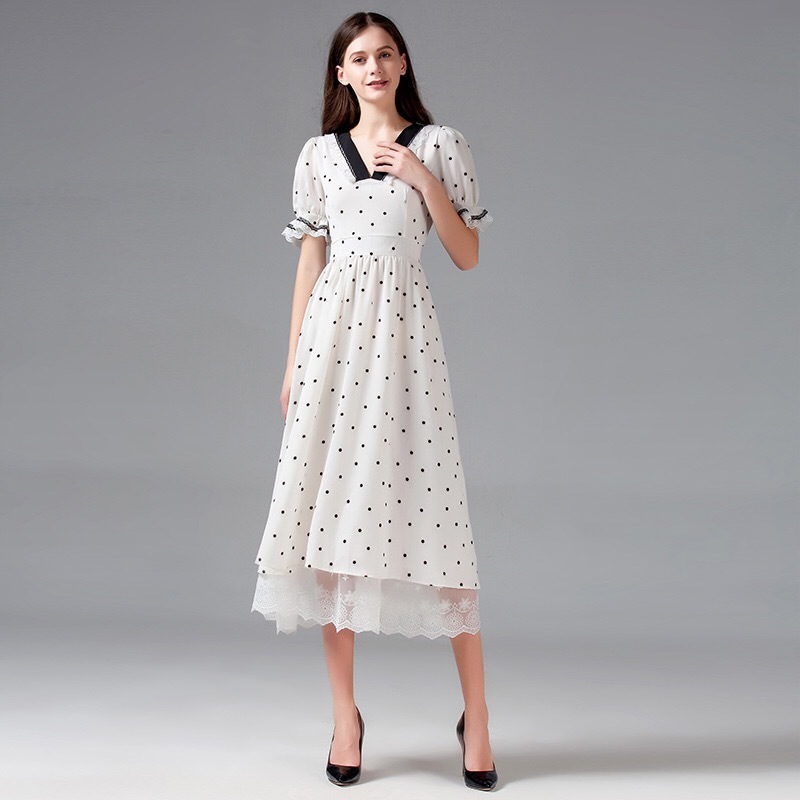 vintage retro polka dot v-neck puff sleeve white dress women summer party patchwork lace high waist ruched midi dresses 210421