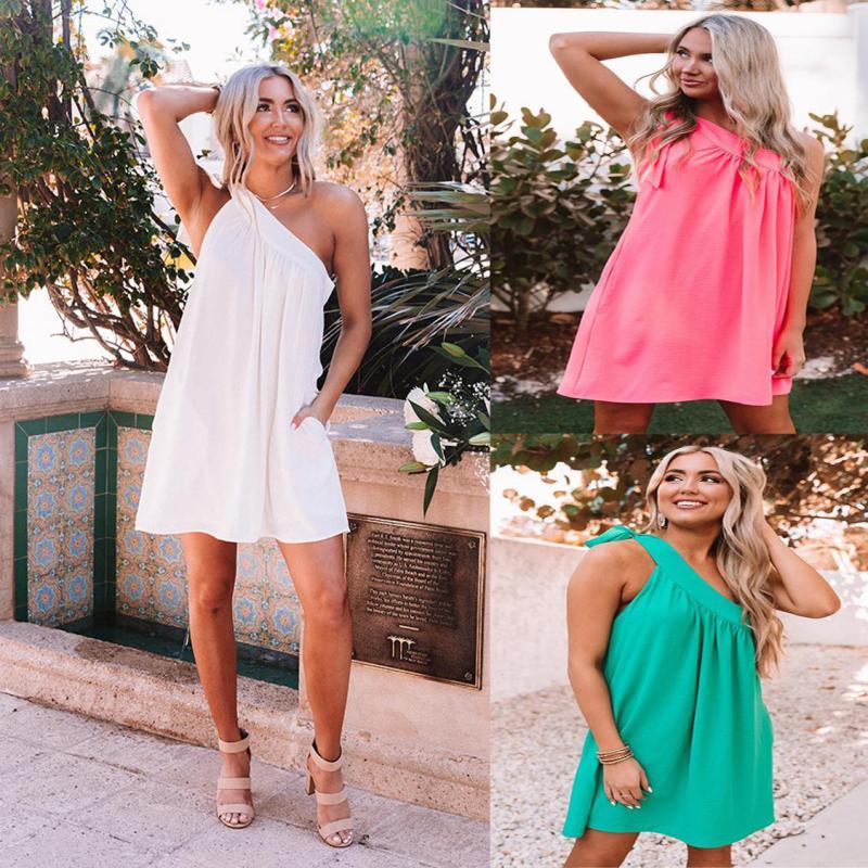 Women Dress Diagonal Collar One Shoulder Bohemia es Solid Loose Casual Mini Summer es Plus Size Beach 210524