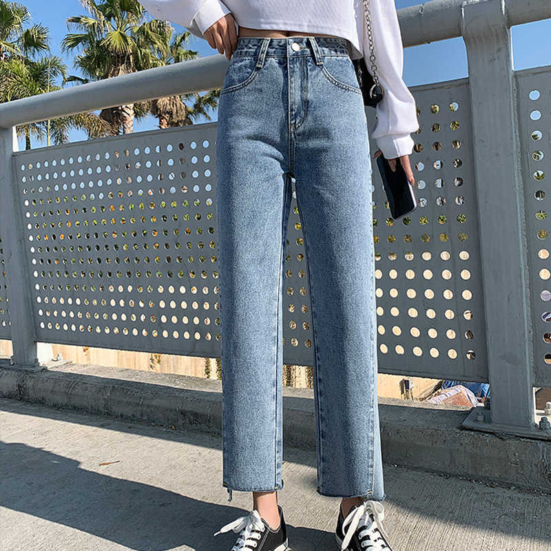 Korean High Waist Straight Jean Plus Size Vintage Boyfriend Mom Split Denim Pants Wide Leg Streetwear 210809