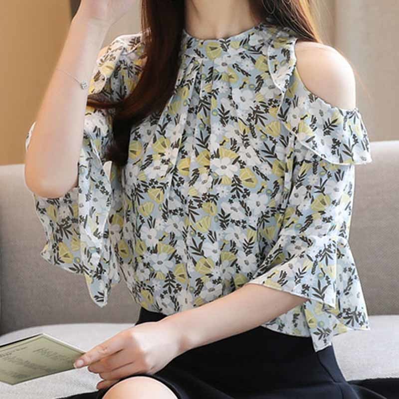 Summer Chiffon O-Neck Short Sleeve Women Loose Flower Off-Shoulder Pullover Flare Shirt Blusas Mujer De Moda 8982 50 210518