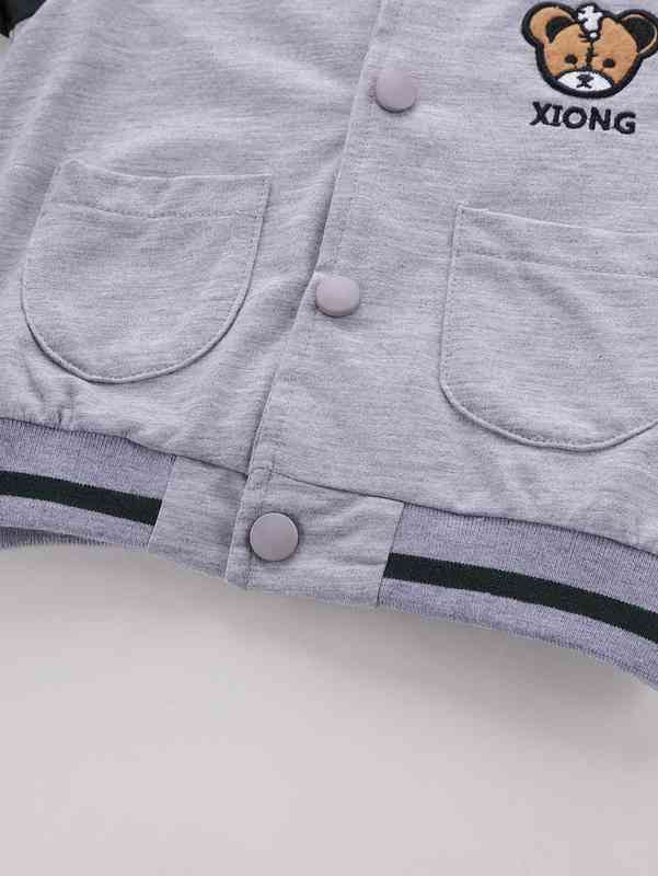 Baby Bear & Letter Embroidery Raglan Sleeve Dual Pocket Bomber Jacket SHE