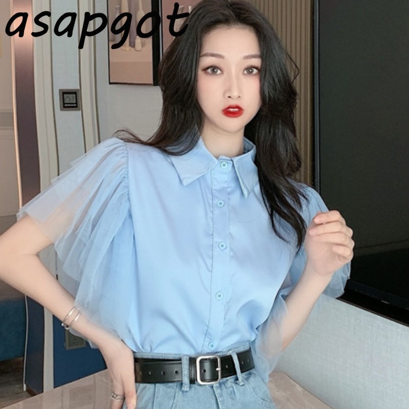 Chic Korean Blue Mesh Half Short Butterfly Sleeve Blouse Women Retro Fashion Slim Patchwork Turn Down Collar Shirts Ruffles 210429