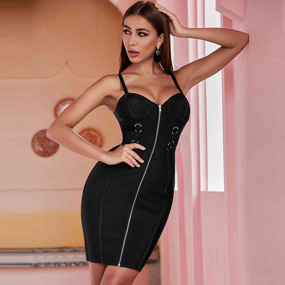 Summer Women Black Bodycon Bandage Dress Sexy Front Zipper Spaghetti Strap Celebrity Runway Party Club Vestidos 210423