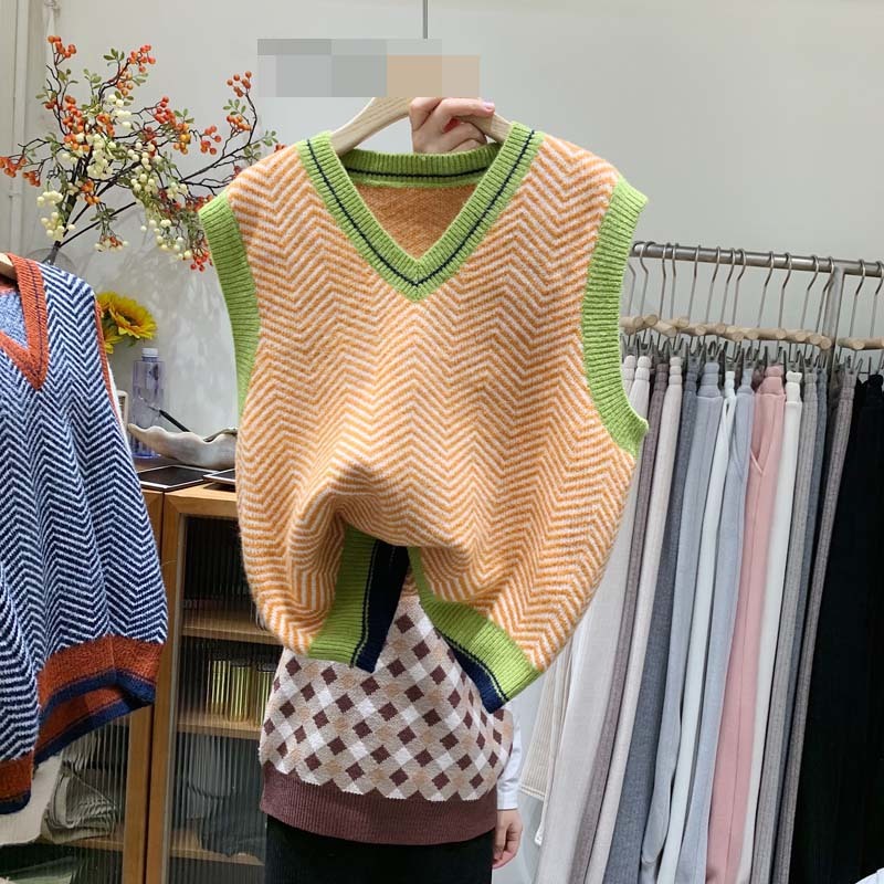 Nomikuma Spring Sleeveless Sweater Vest Korean Hit Color Striped Pullovers Causal V-neck Women Jumper Ropa Mujer 6D956 210427
