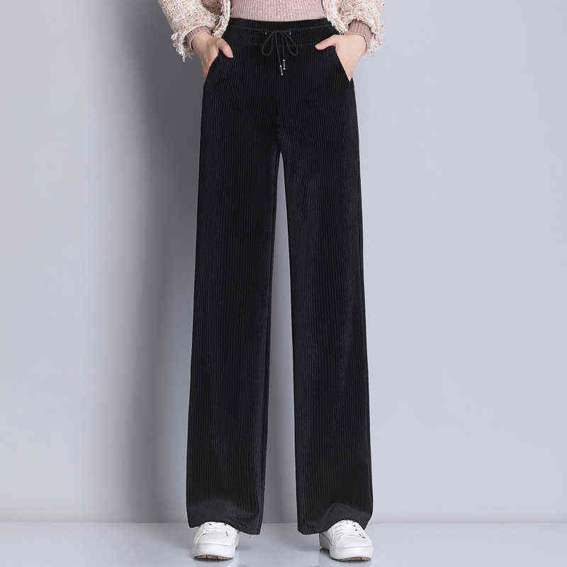 Women Elegant Black Pants Lace Up Elastic Waist Streetwear Autumn Winter Casual Full Length Trousers Corduroy Pantalones 211124Z