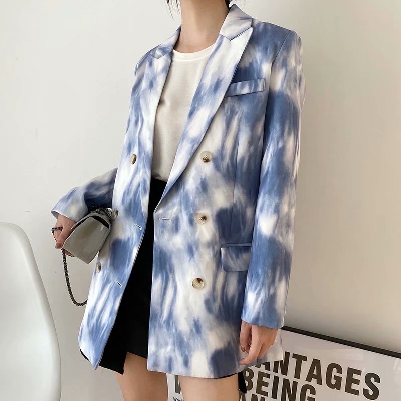 fashion women blue print blazer office ladies double breasted jackets casual female pocket suits girls chic sets 210430