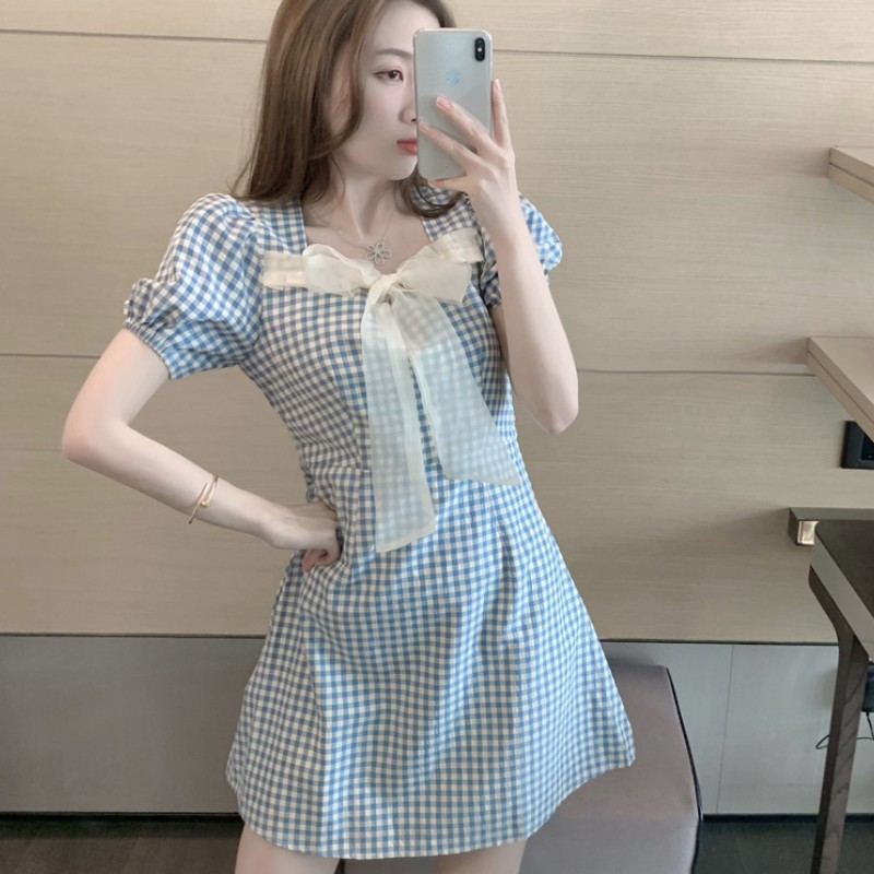 Summer Women Bowknot Plaid High Waist Dress Korean Fashion Elegant Casual Sweet Mini Vestido 210519