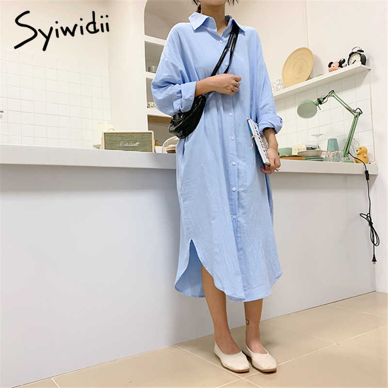 Syiwidii Woman Long Shirt Dress Cotton Korean Clothing White Boho Beach Big Maxi Blue Summer Autumn Oversized Pure Dresses 210721