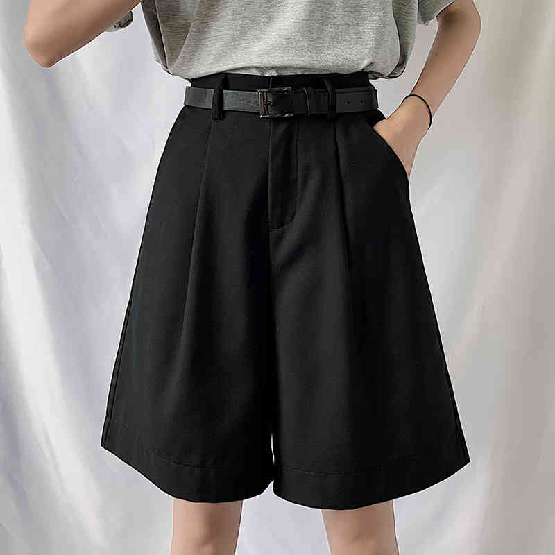 Women Chic Bermuda Suit Shorts Cotton High Waist Wide Leg Pants Front Pleated Plus Size 3XL Female Student Casual Summer Outfit 210514