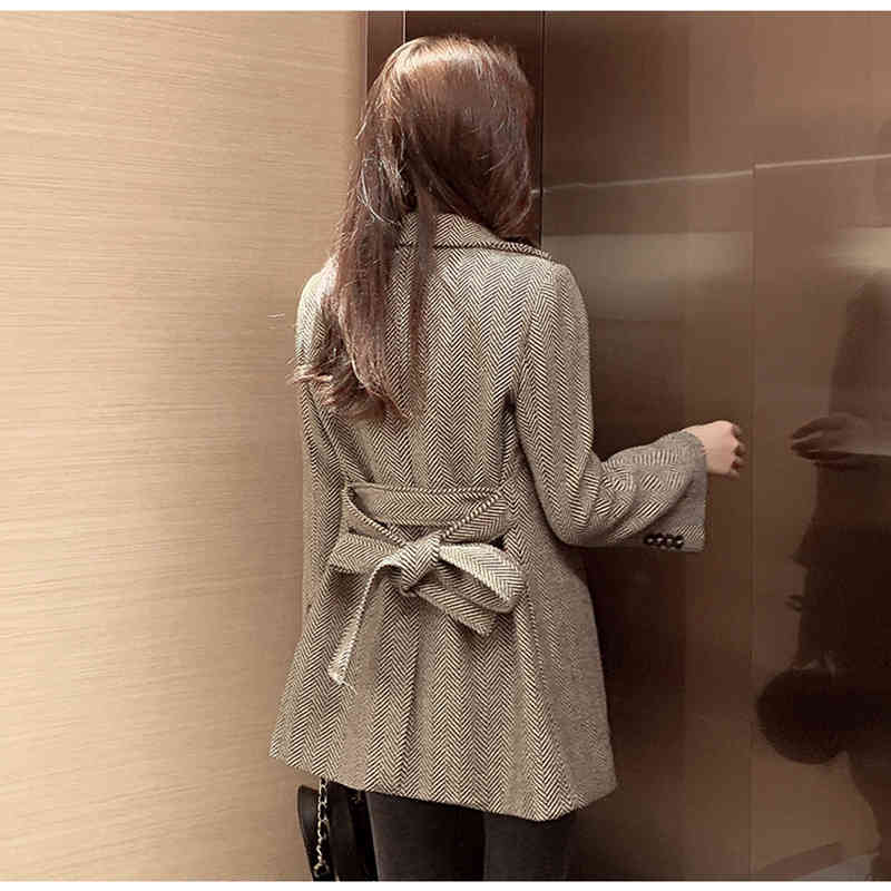 Winter Korean Clothes Loose Coat Woman England Woolen Slim Suit Jacke Twith Bow Sashes Female Blazer Women Feminino Tweed 210515
