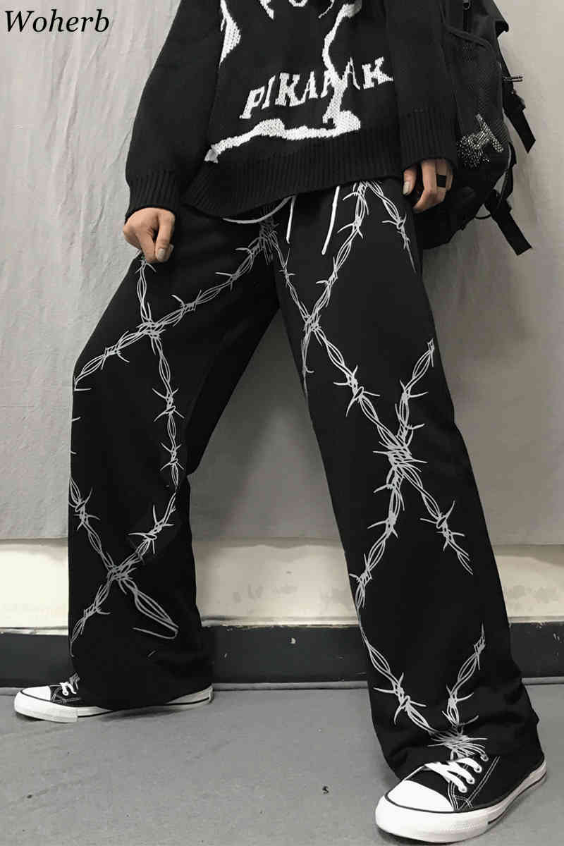 Harajuku Vintage Women Pants Print High Waist Straight Wide Leg Trousers Casual Loose Korean Fashion Streetwear 91089 210519