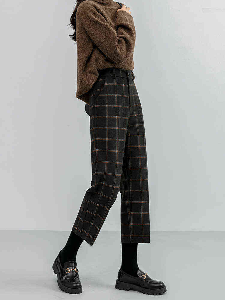 Seoulish Autumn Winter Woolen Plaid Women Formal Straight Pants High Waist Ankle-Length Chic Loose Ladies Pocket 211115