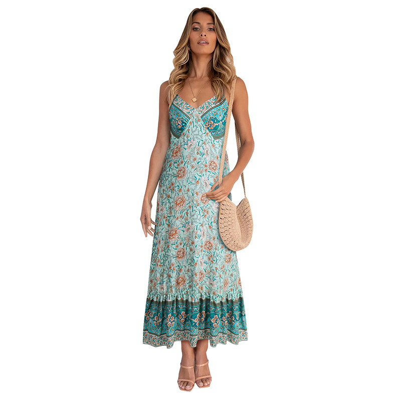 Women Dress Printed Bohemia Sexy Long Print Maxi es V Neck Sleeveless Backless Spaghetti Strap Beach es 210513