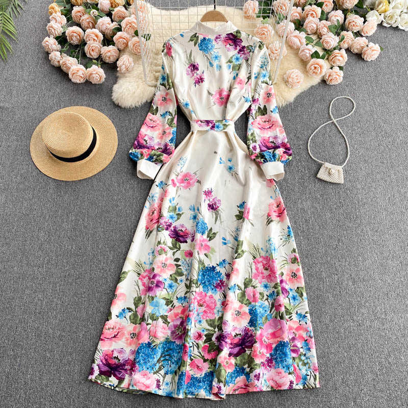 DEAT Women Printing Dress Turn-down Collar Long Sleeve Arrivals Lady Temperament Fashion Spring Autumn 11D2014 210709
