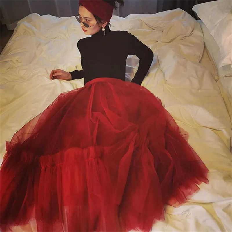 Vintage Wine Red Tulle Pleated Skirts Women High Waist Long Ruffled Mesh Skirt Spring Harajuku Black Elastic Puffy Tulle Skirts 210619wtt