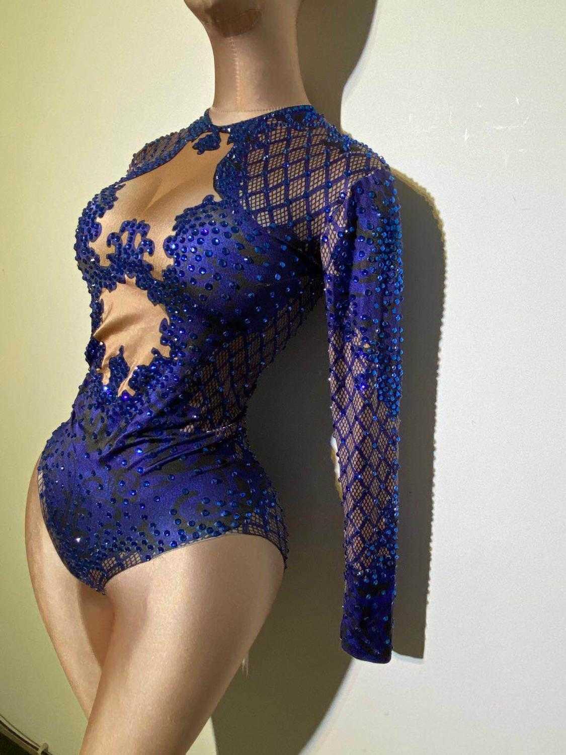 Sexy Blue Print Dancer Bodysuit Women Long Sleeve Elastic Crystal Jumpsuit Female Club Showgirl Stage Leotard Costume 210622
