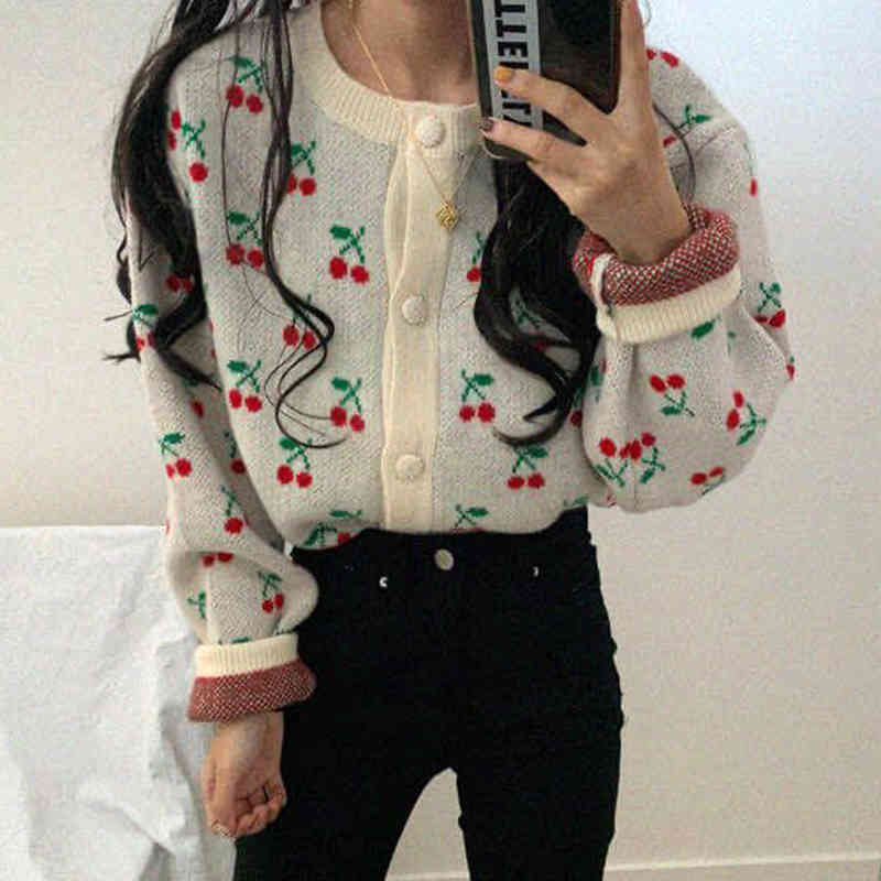 Women Fall Sweater Cardigans Chic Streetwear Cute Cherry Knit Jackets Korean Coat Autumn Winter Outwear Tops 210422