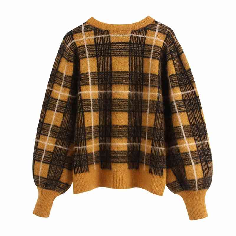 Streetwear Women O-Neck Sweaters Fashion Ladies Plaid Knitted Tops Causal Female Chic Puff Sleeve Loose Pullovers 210430