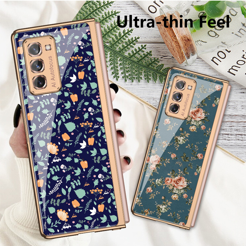 

Plating Tempered Glass Hard Phone Case For Samsung Galaxy Z Fold 2 5G Case Romantic Color Flowers Shockproof Protective Funda, Scattered flower01