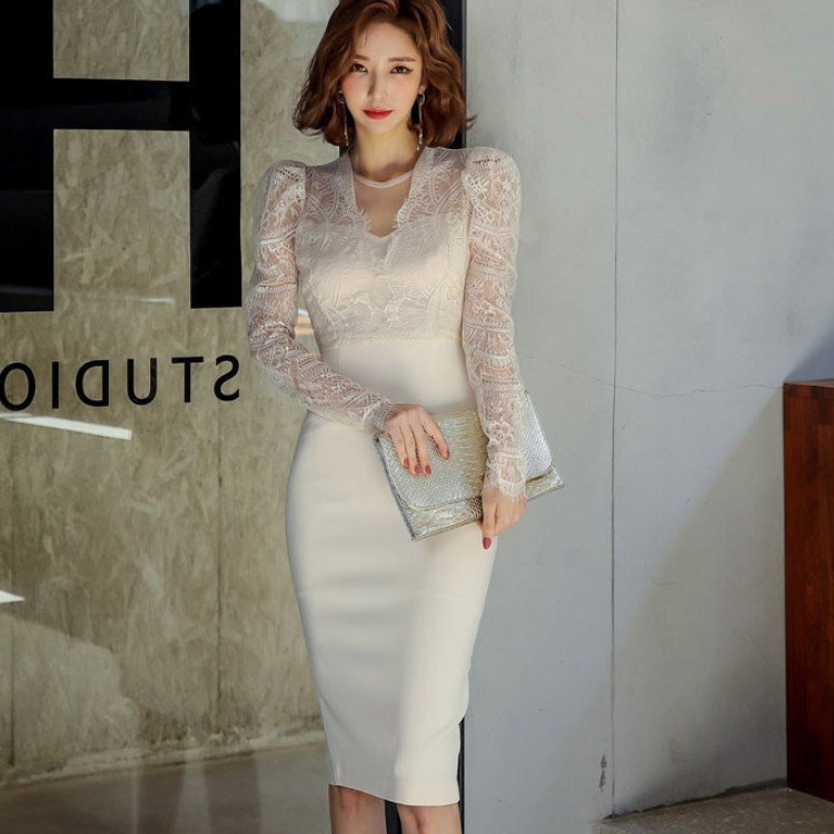 Women Vintage Sexy Lace Patchwork Bodycon Office Lady Work Slim Pencil Dress Formal Party Spring 210519