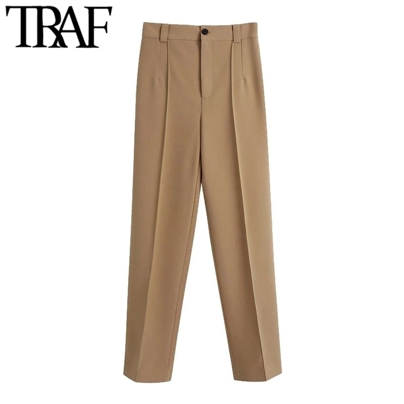 TRAF Women Fashion With Seam Detail Straight Pants Vintage High Waist Zipper Fly Office Wear Female Trousers Mujer 211124Z