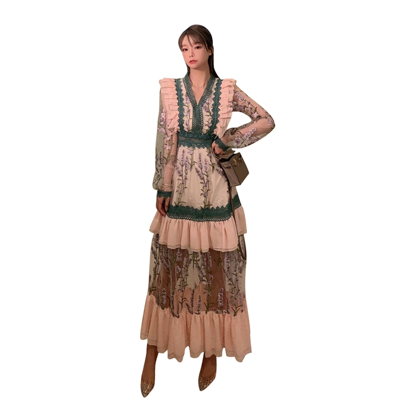 Summer French VNeck Style Dress Female Embroidery Stitching Retro Long Bohemia Fashion Hollow Out Mesh Vestidos 210506